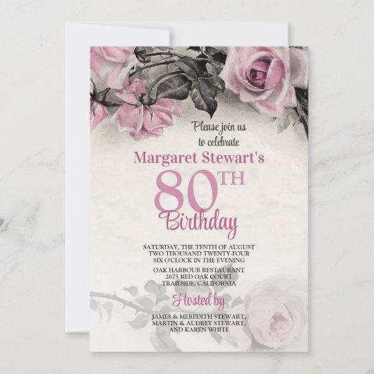 Vintage rose Roses 80e anniversaire Invitation (Devant)
