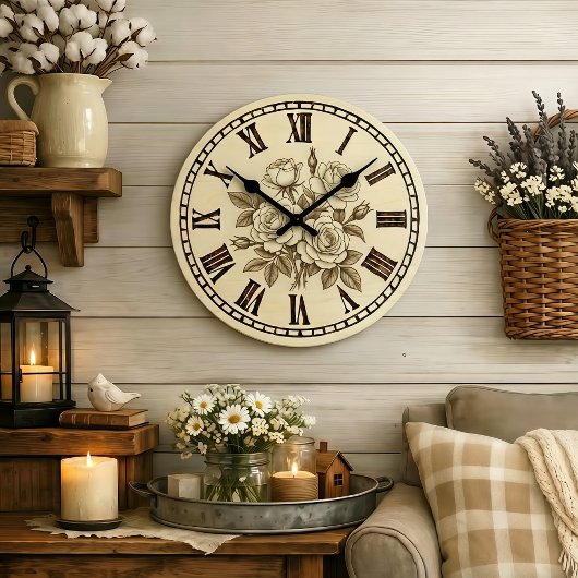 Vintage Rose Wall Clock  Grote Klok