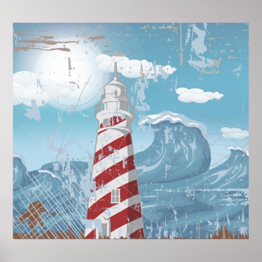 Vintage rouge blanc phare gruning poster impressio (Devant)