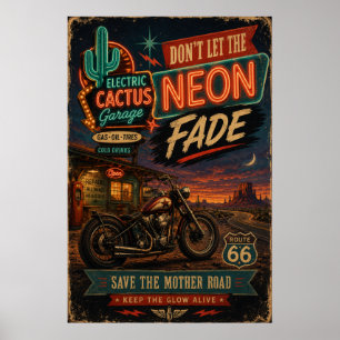 Vintage Route 66 Neon Garage Motorfiets Americana Poster