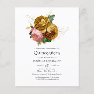 Vintage Roze en Gouden Bloemige Quinceañera Uitnod Flyer