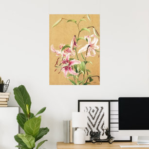 Vintage Roze Oosterse lelie botanische bloem kunst Poster