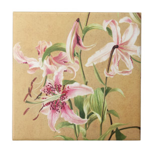 Vintage Roze Oosterse lelie botanische bloem kunst Tegeltje