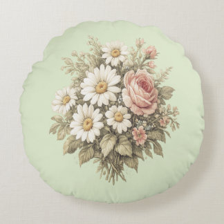 Vintage Rozen & Madeliefjes Bloemstuk Kussenhoes Rond Kussen