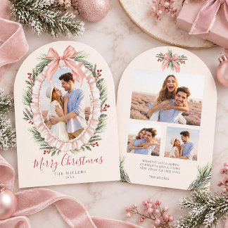 Vintage Ruffle Krans Roze 4 Foto Kerstkaart Kaart