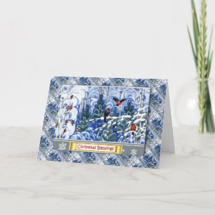 Vintage Russische Kerstmis, Robins in het bos Feestdagen Kaart