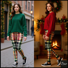Vintage Rustic Maroon Green Khaki Plaid Leggings