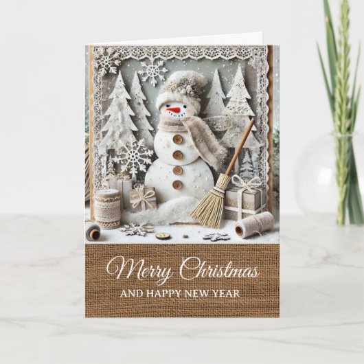 Vintage Rustic Snowman Merry Christmas Kaart (Voorkant)
