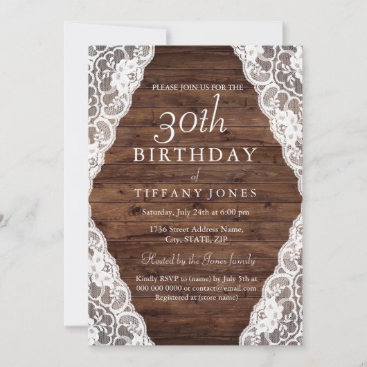 Vintage Rustic Wood dentelle Invitation de 30e ann (Devant)
