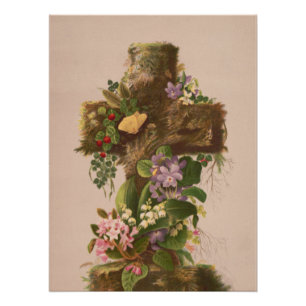 Vintage Rustieke Bloemenkruis, Pasen Kaart, Perfect Poster