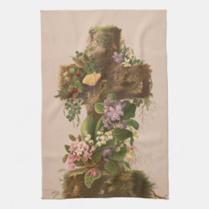 Vintage Rustieke Bloemenkruis, Pasen Kaart, Theedoek