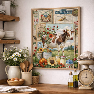 Vintage Rustieke Boerderij Collage Koe Perfect Poster