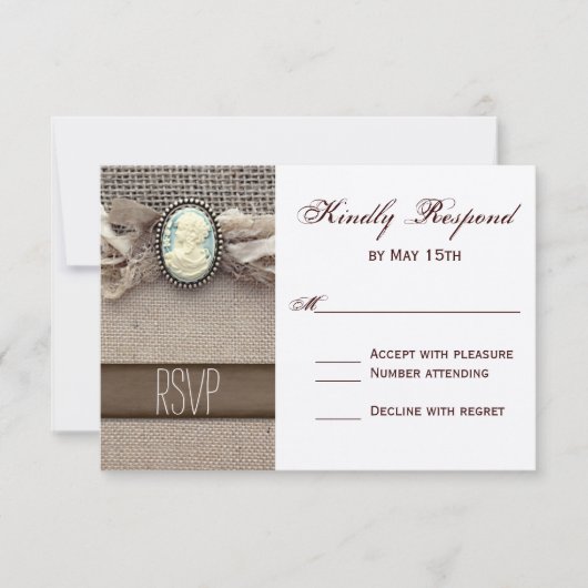 Vintage rustique Cameo Broch Burlap Wedding RSVP (Devant)