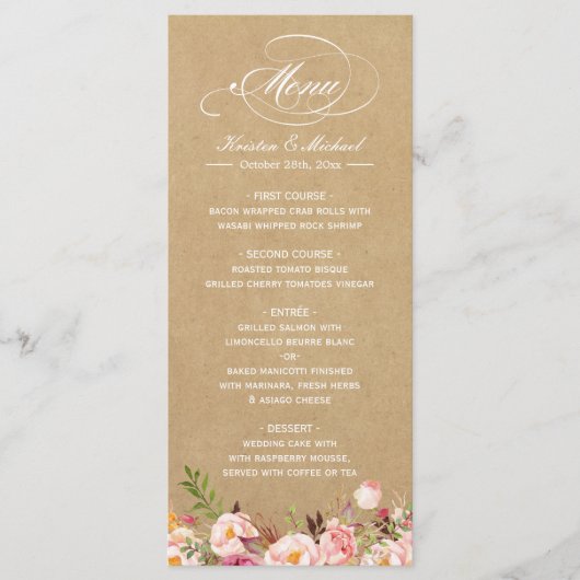 Vintage Rustique Floral Kraft Mariage Menu Modèle (Devant)