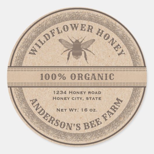 Vintage rustique Kraft bee miel pot étiquette (Devant)