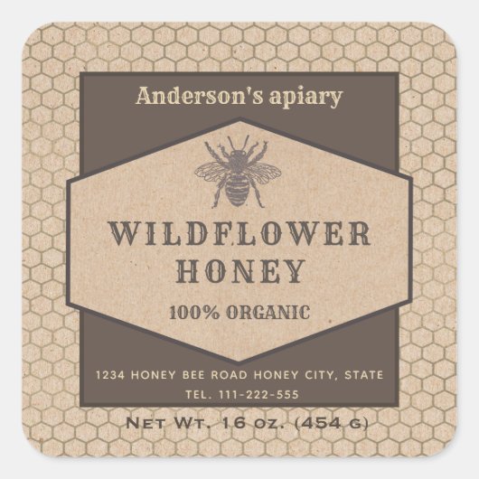 Vintage rustique Kraft miel abeille miel étiquette (Devant)