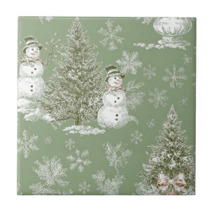 Vintage Salie Groene Sneeuwman Kerst Toile Tegeltje