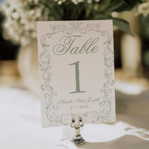 Vintage saliegroen old money huwelijks tafelnummer