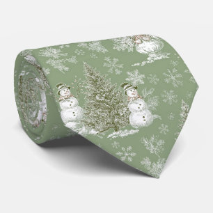Vintage saliegroen sneeuwmannen Christmas Toile Stropdas