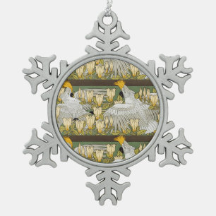 Vintage saliegroene kaketoe papegaai magnolia kuns tin sneeuwvlok ornament