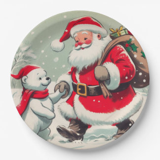 Vintage Santa and Bear Christmas Paper Plates Papieren Bordje