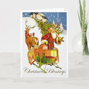 Vintage Santa Claus & Reindeer Christmas Card Feestdagen Kaart