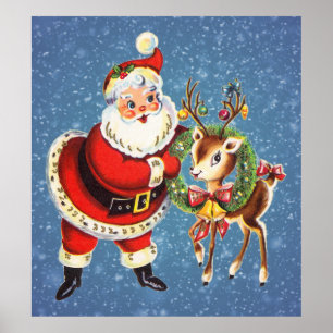 vintage santa en rendier poster