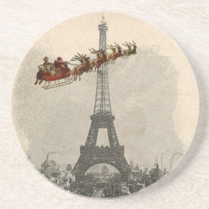 Vintage Santa over Paris Christmas Coaster Zandsteen Onderzetter