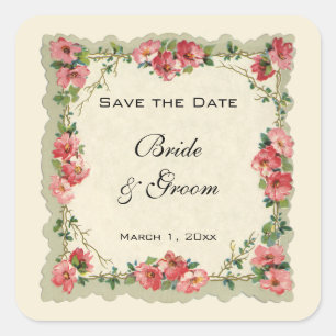 Vintage Save the Date, Roze Bloemen Florale Rozen Vierkante Sticker