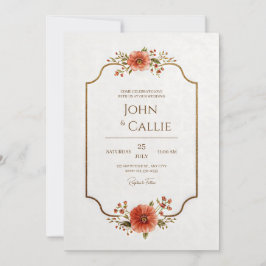 Vintage Scalloped Coral Wildflower Gilded Wedding Kaart