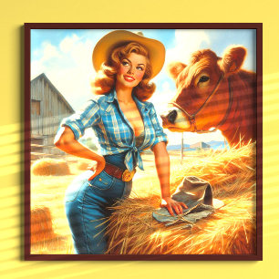 Vintage Schattige Cowgirl Pin-up Poster