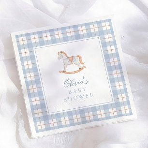Vintage Schommelpaard Blauw Gingham Baby Shower Servet