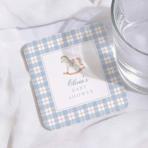 Vintage Schommelpaard Blauw Gingham Baby Shower Vierkante Kartonnen Onderzetter