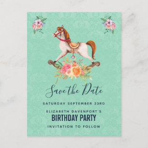 Vintage Schommelpaard met bloemen Save the Date Briefkaart