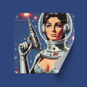 Vintage Sci-fi Ruimtevaartmeisje Vierkante Sticker