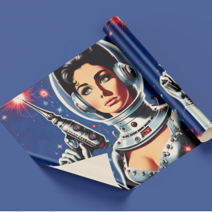 Vintage Sci-fi Ruimtevaartster Meisje Cadeaupapier