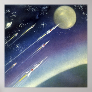 Vintage Sciencefiction-raketten in de ruimte per p Poster