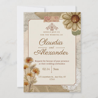 Vintage Scrapbook Botanical Wedding Invitation Kaart