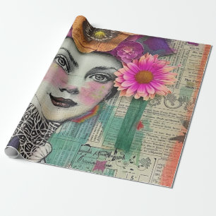 Vintage Scrapbook Collage Gezicht (5) Cadeaupapier