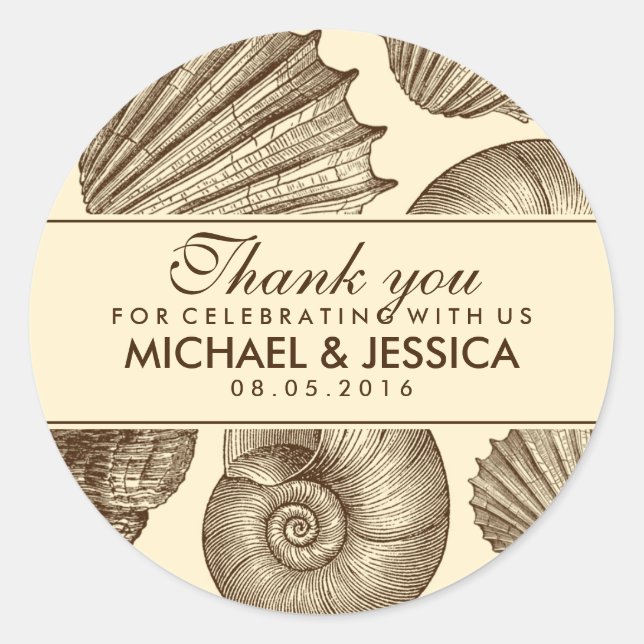 Vintage Seashell Wedding Favor Merci Sticker (Devant)