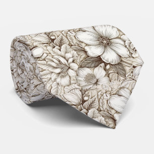 Vintage Sepia Botanische Bloemengravure Ivoor Stropdas