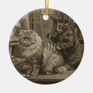 Vintage Sepia Kattattoo-artiest – Grappige Victori Keramisch Ornament