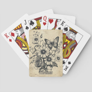 Vintage Sepia Vlinder Roos Madelief Boeket Pokerkaarten