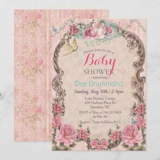 Vintage Shabby Chic Baby shower Floral Invitation (Devant / Derrière)