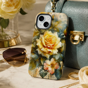 Vintage Shabby Chic Bleke Gele Roos Aangepaste Naa iPhone 15 Hoesje