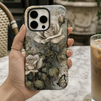 Vintage Shabby Chic Witte Roos en Vlinder iPhone 16 Pro Hoesje