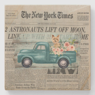 Vintage Shabby Chic Yorkie en Truck Ephemera Stenen Onderzetter