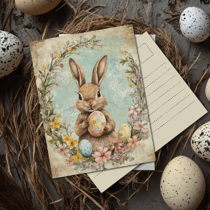 Vintage Shabby Waterverf Paashaas Bloemen Briefkaart