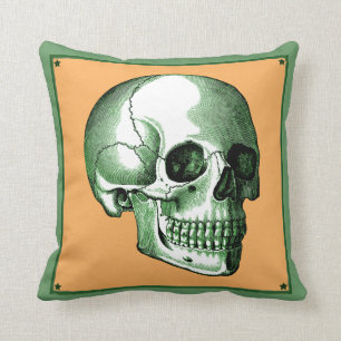 Vintage Side View Green et Tangerine Skull Coussin