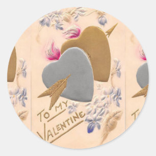 Vintage Silver & Gold Hearts Valentijn Briefkaart Ronde Sticker